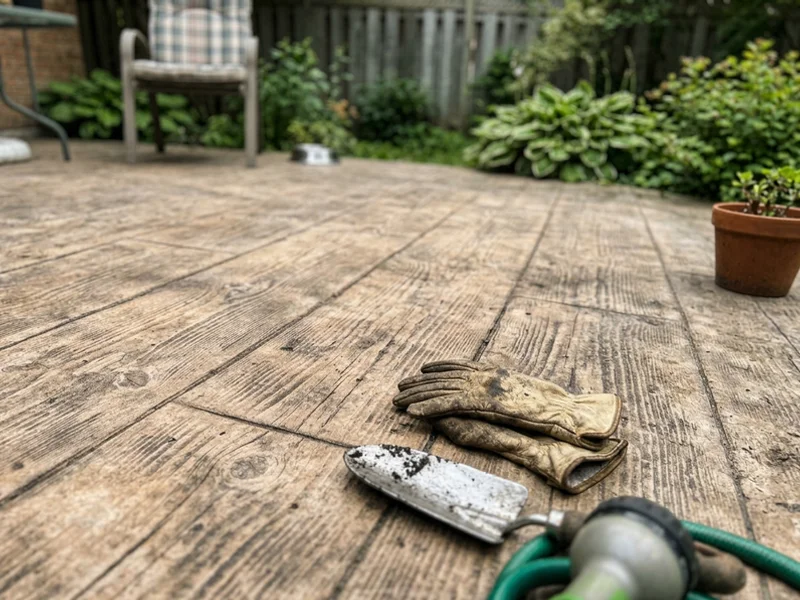 Close-up of stamped concrete wood-plank texture with realistic grain and stain